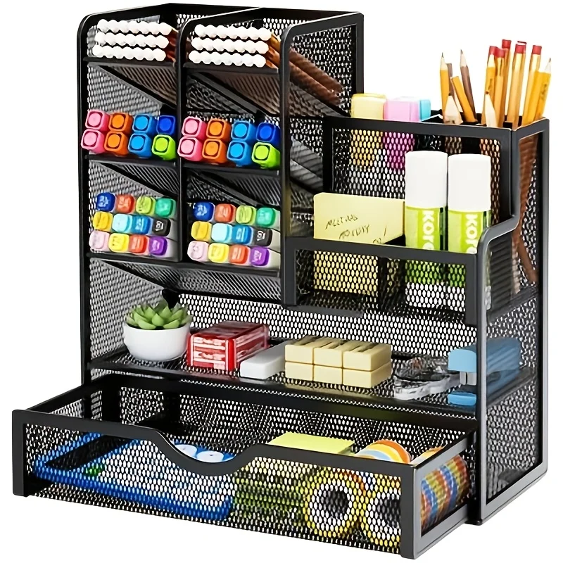 Organisateur de bureau en fer forgé multi-niveaux grande capacité, boîte de rangement pour papeterie, plateau de classement de bureau, porte-stylos pour étudiants