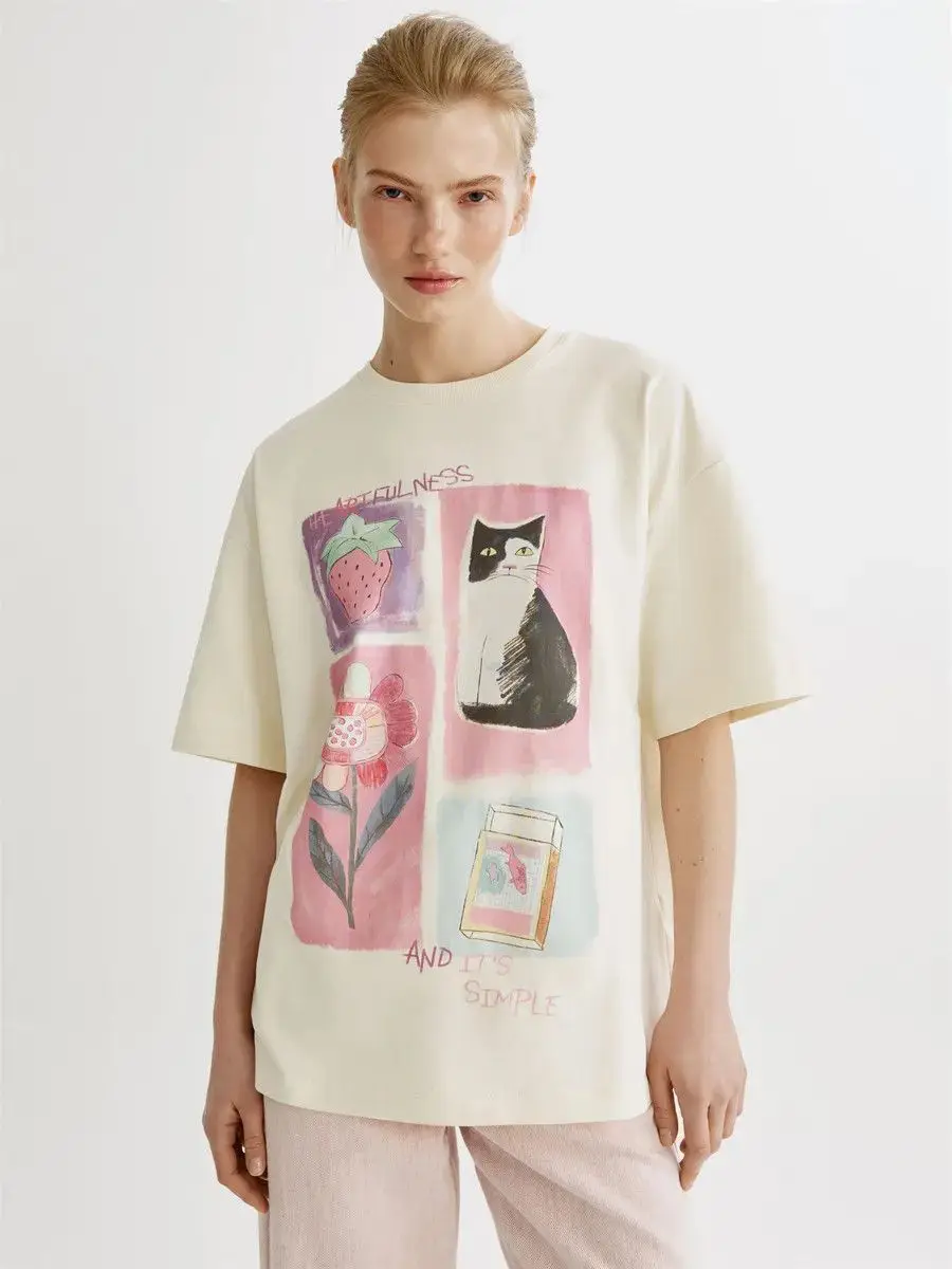 Pure Cotton Hand-Drawn Cat Art Print Oversized T-Shirt | 