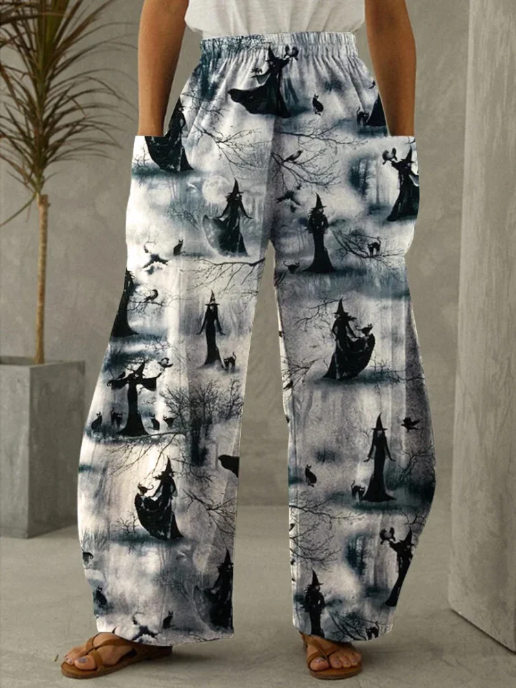 Grim Reaper/Black Cat print ladies Halloween wide-leg pants street fashion ladies long pants everyday casual high-waisted pants