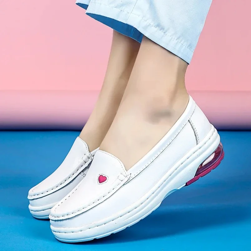 2025 Waterproof Platform Sneakers Women Air Cushion Swing Shoes White Nurse Shoes Cowhide Non-slip Lady Loafers Hollow Wedge view 3
