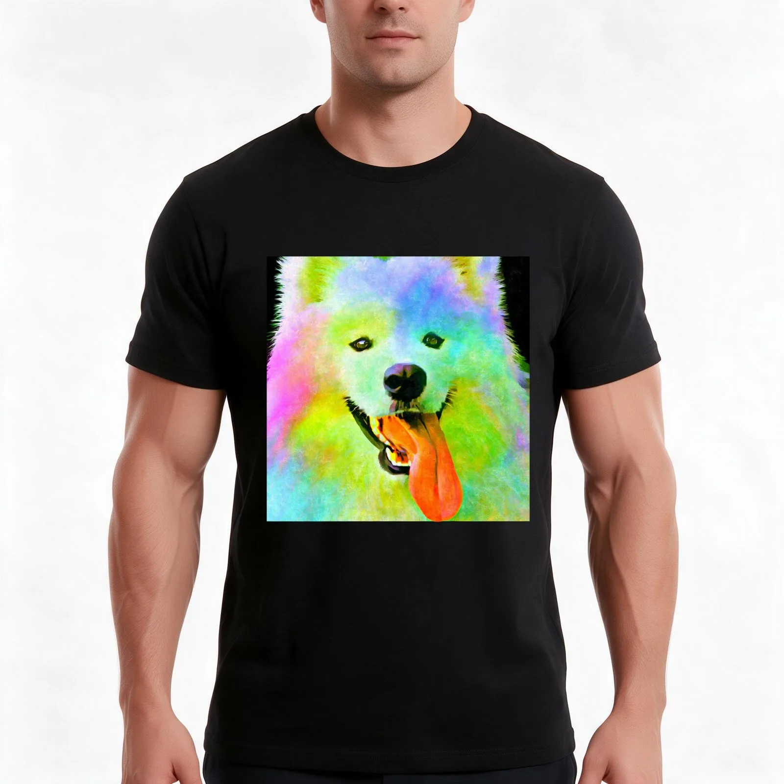 Colorful Samoyed T-Shirt, Summer Casual Cotton Tee, Oversized Streetwear Tops, Vintage Graphic Print, Loose Fit Short Sleeve