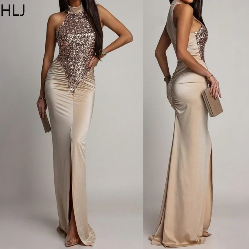 

HLJ Sexy Sequin Patchwork Bodycon Dresses for Woman Halter Sleeveless Backless Shining Dress Female Party Clubwear Vestidos New