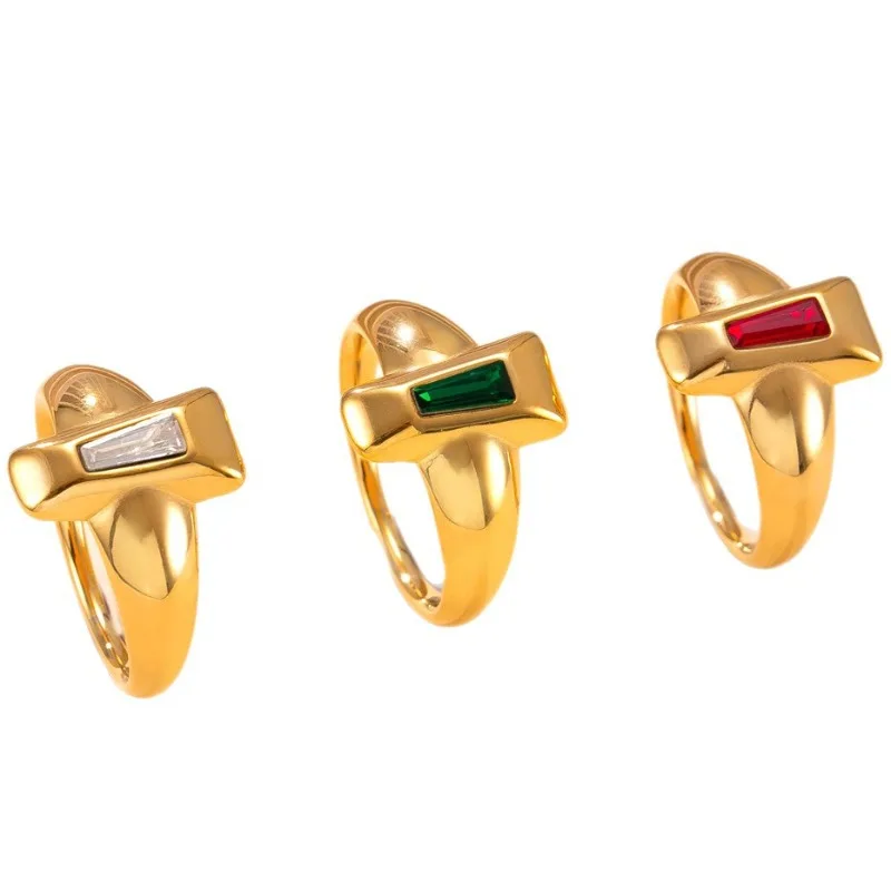 

Titanium steel jewelry fashionable and high-end plated 18k ring cast trapezoidal zircon stainless steel rings