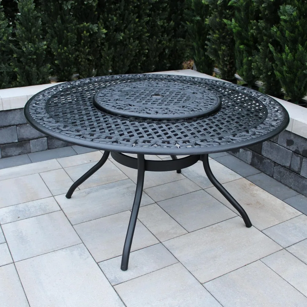 Ornate Traditional Mesh Lattice 59 inch Bronze Lazy Susan Outdoor Cast Aluminum Metal Round Patio Dining Table, Large