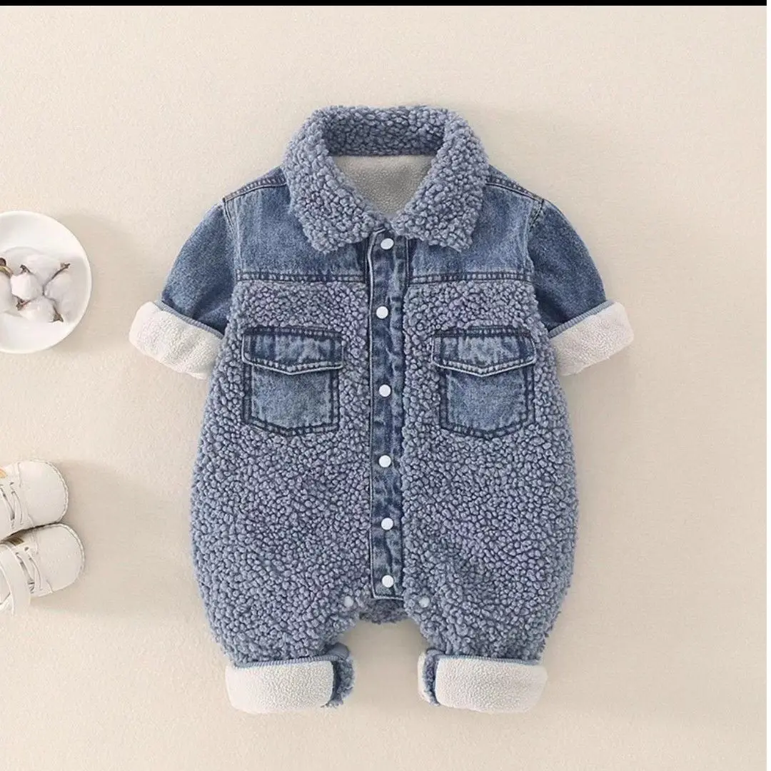 Autumn and Winter New Denim Cotton Romper Turn-down Collar Splicing Double Pocket Infant and Girl Jumpsuit