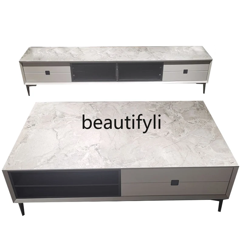 

Qianpai modern simple coffee table small apartment TV cabinet coffee table combination light luxury rock slab