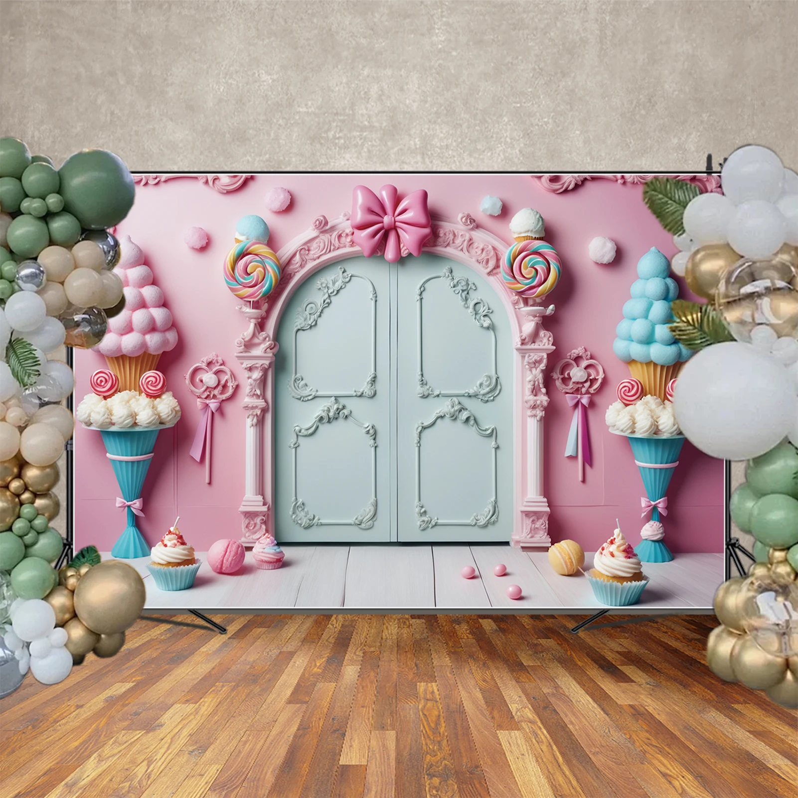 MOON.QG Bingkai Foto Pintu Lengkung Latar Belakang Pesta Ulang Tahun Anak-anak Latar Belakang Dinding Kastil Putri Perlengkapan Kertas Dinding Bar Permen