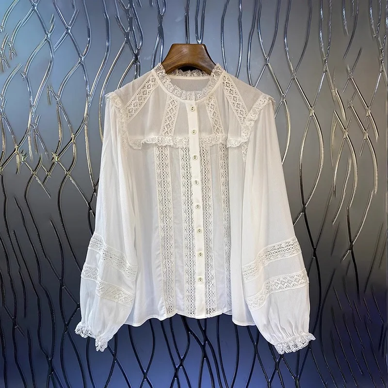 

High Quality Cotton Shirts 2024 Spring Fashion Shirts Ladies Lace Embroidery Patchwork Long Sleeve Elegant Loose White Shirt