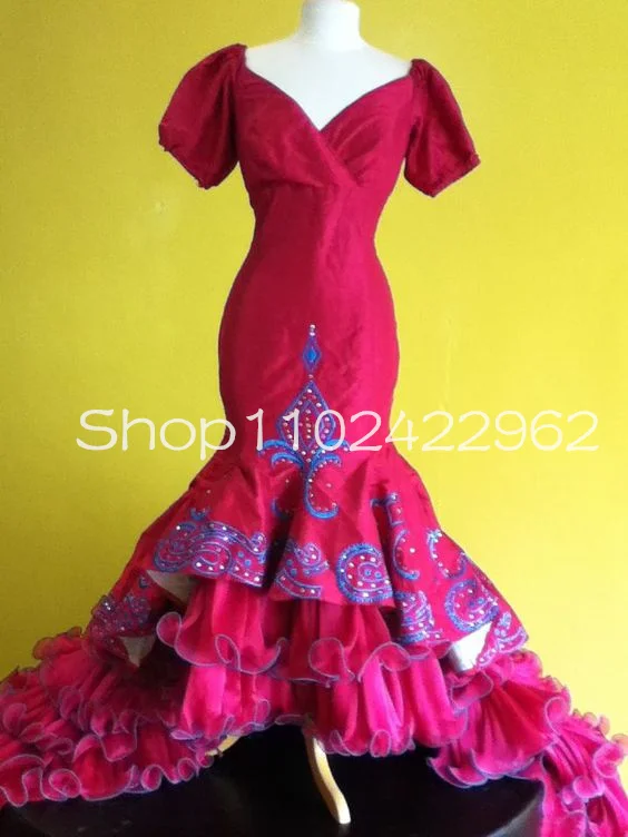 Fuchsia Mexican Charro Mermaid Prom Dresses Stain Organza Ruffles Long Train Embroidery Evening Gown Jenni Rivera outfit