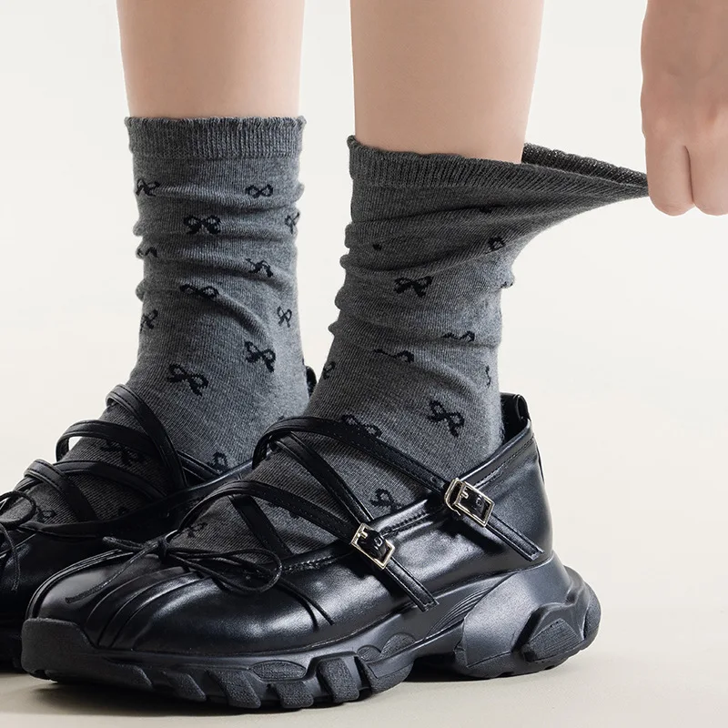 

Серые женские носки, хлопковые, приятные для кожи, с бантом для всего тела, модные носки с напуском, эластичные, простые в тон носки до середины икры