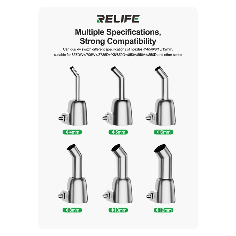 RELIFE 857 سلسلة منحني فوهة 4/5/6/8/10/12 مللي متر عالية الجودة 304 الفولاذ المقاوم للصدأ ختم قوي فوهة الهواء الساخن