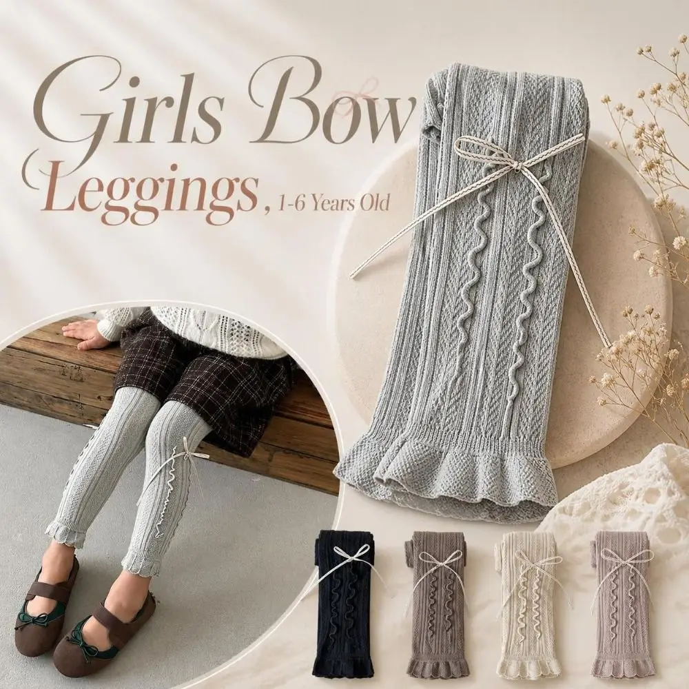Fashion Ruffled Girls Bow Leggings Knitted Warm Kids Pantyhose Stretchy Thin Children Tights 1-6 Years Old