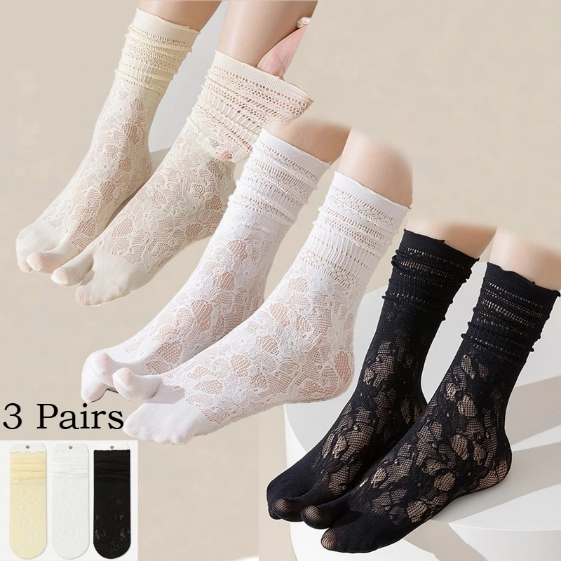 3 Pairs Women's Summer Lace Tabi Socks for Women Sexy Mesh Novelty Slouch Socks Japanese Split Toe Sock 2-toe Flip Flop SOCK