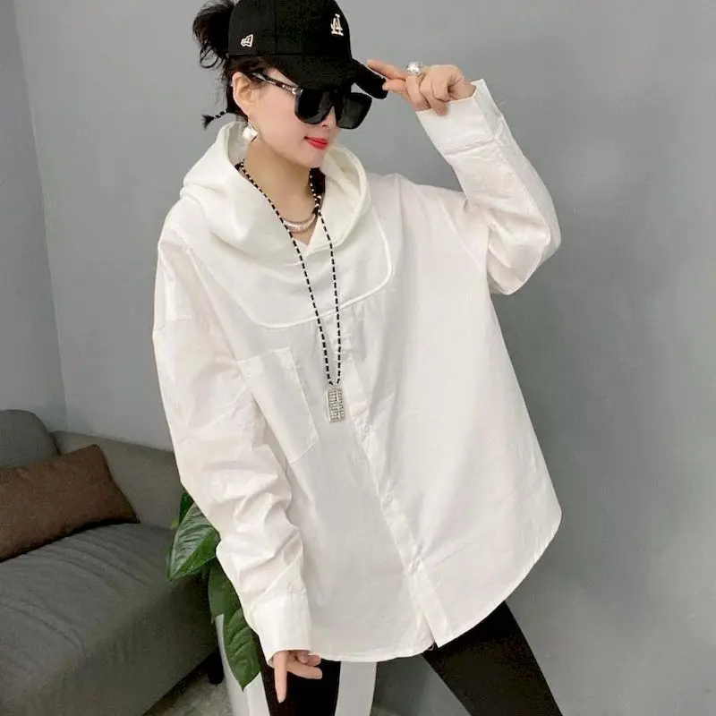 Fashion Hoodies Women Spring Autumn Trendy Hooded Button Stitching Pullover Shirt Casual Design Loose Hoodie Womens Thin Tops