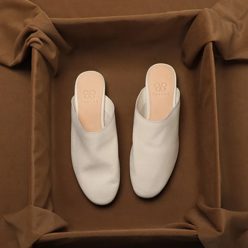 SHOEBOX Women's Genuine Leather Covered Toe Slippers for Outdoor Wear Summer New Soft Sheepskin Lazy Style Flat Half-Slippers