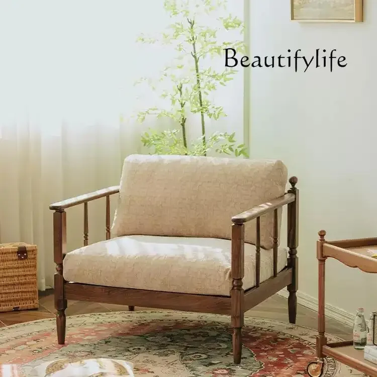 A44 Solid wood retro single-seat fabric black walnut small apartment Nordic living room sofa chair high-end
