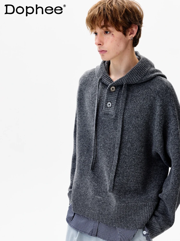 

Men Women 2025 Winter New Fashion Design Plaid Splicing Solid Color Hooded Pullover Sweater Knitwears Solid Color Knitted Tops