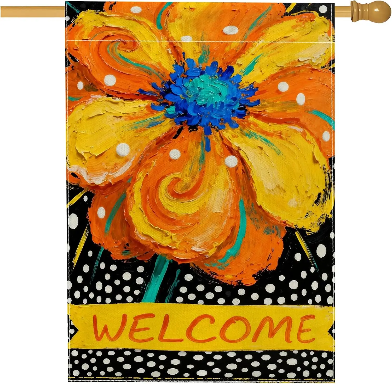 Flower House Flag, Vibrant Artistic Polka Dots Swirls Spring Orange Double Sided Burlap Outside Large Garden Flag for Outdoo MMZ