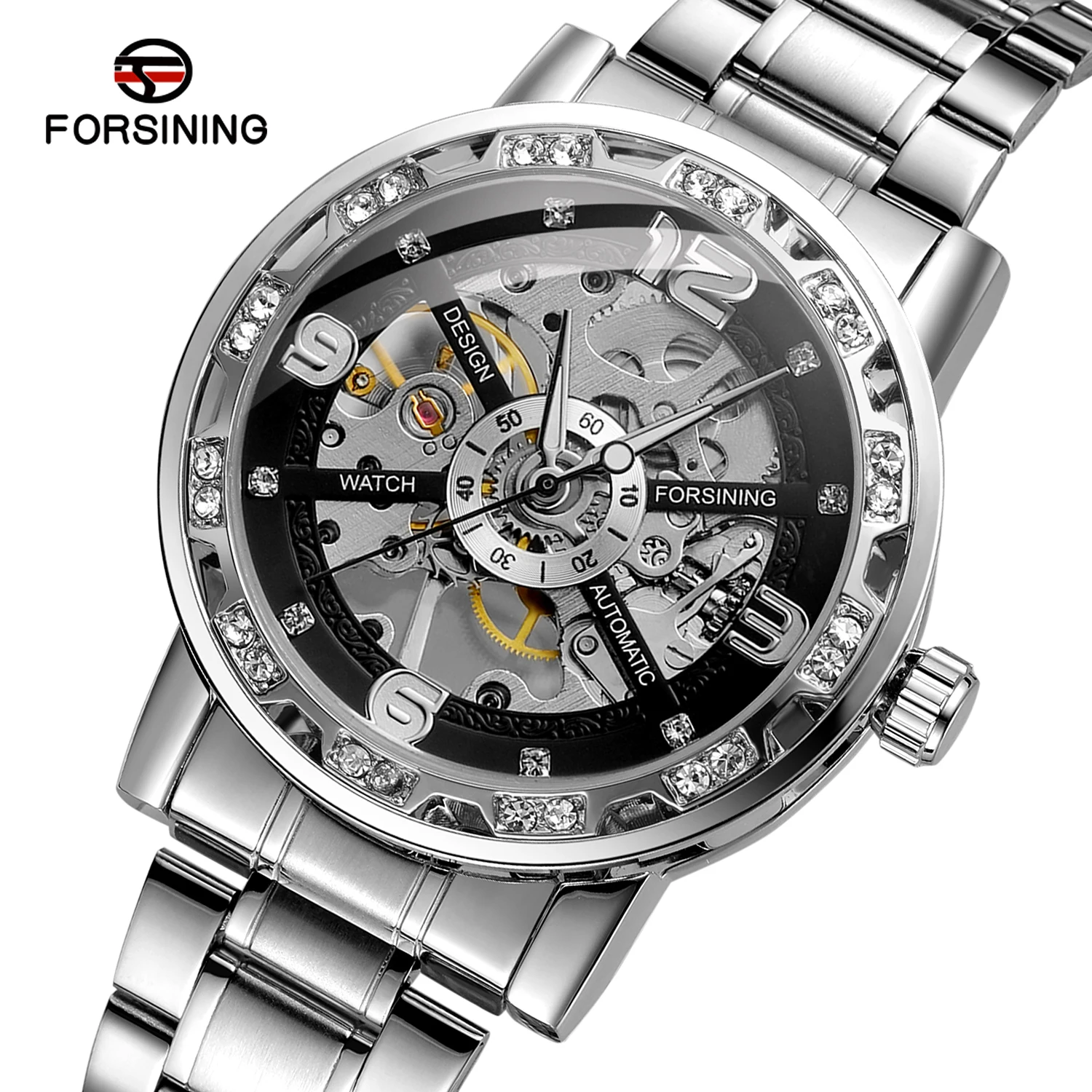 FORSINING Классические деловые мужские часы Скелет Механические часы со стразами Светящиеся указатели Стальные роскошные мужские наручные часы с гравировкой FORSINING Классические деловые мужские часы Скелет Механические часы со стразами Светящиеся указатели Стальные роскошные мужские наручные часы с гравировкой