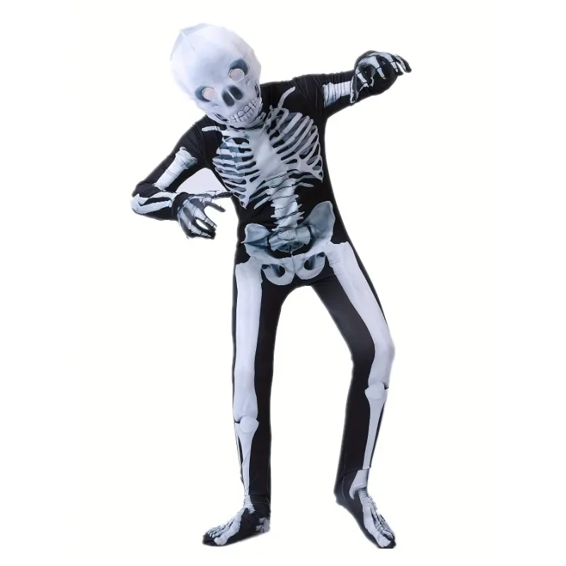3-12Y Kids Halloween Skeleton Jumpsuit Role Play Costume with Mask for Boys Girls Spooky Bone Costume Party Costume