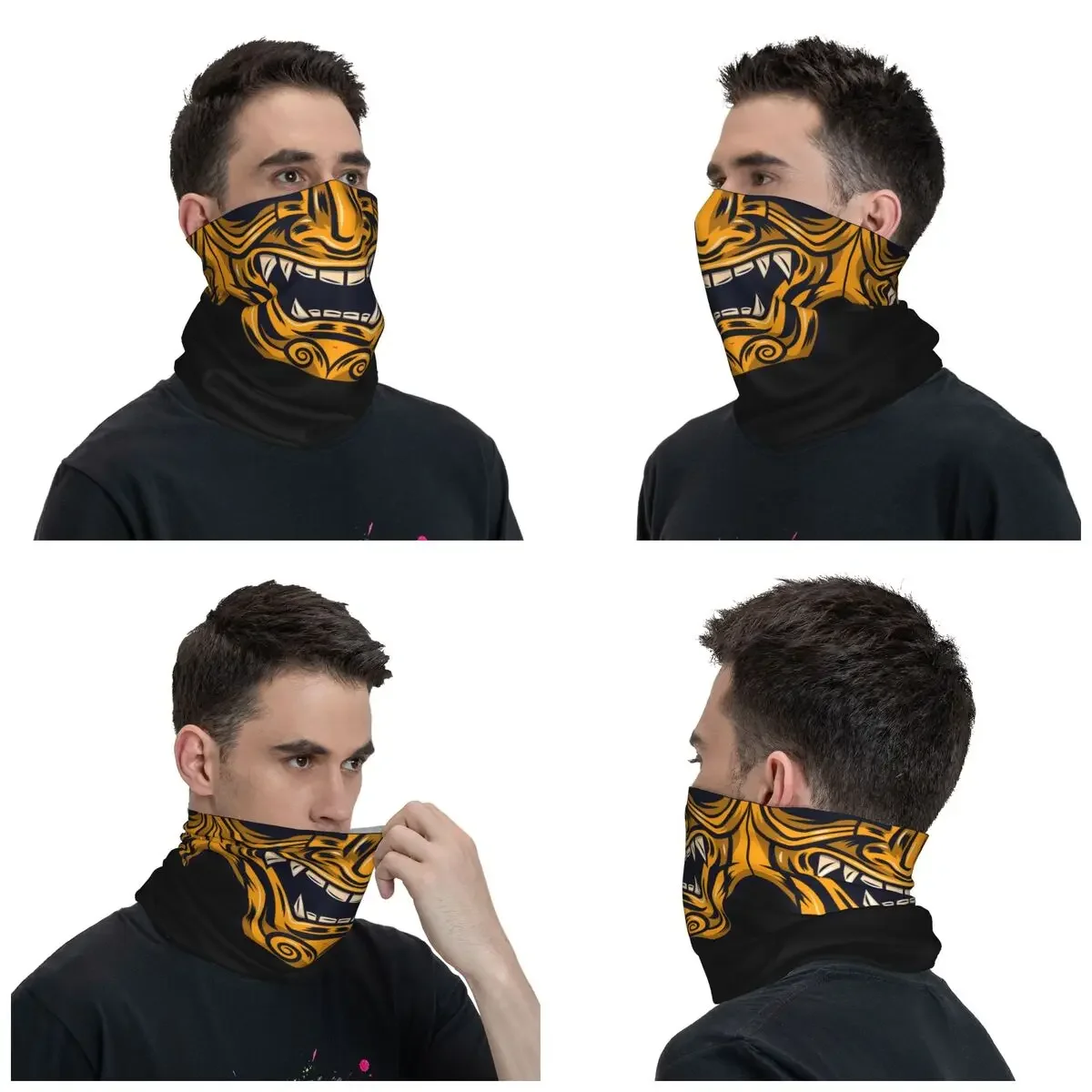 Golden Yellow Samurai Oni Neck Gaiter UV Face Shield Winter Japanese Demon Devil Bandana Scarf for Hiking