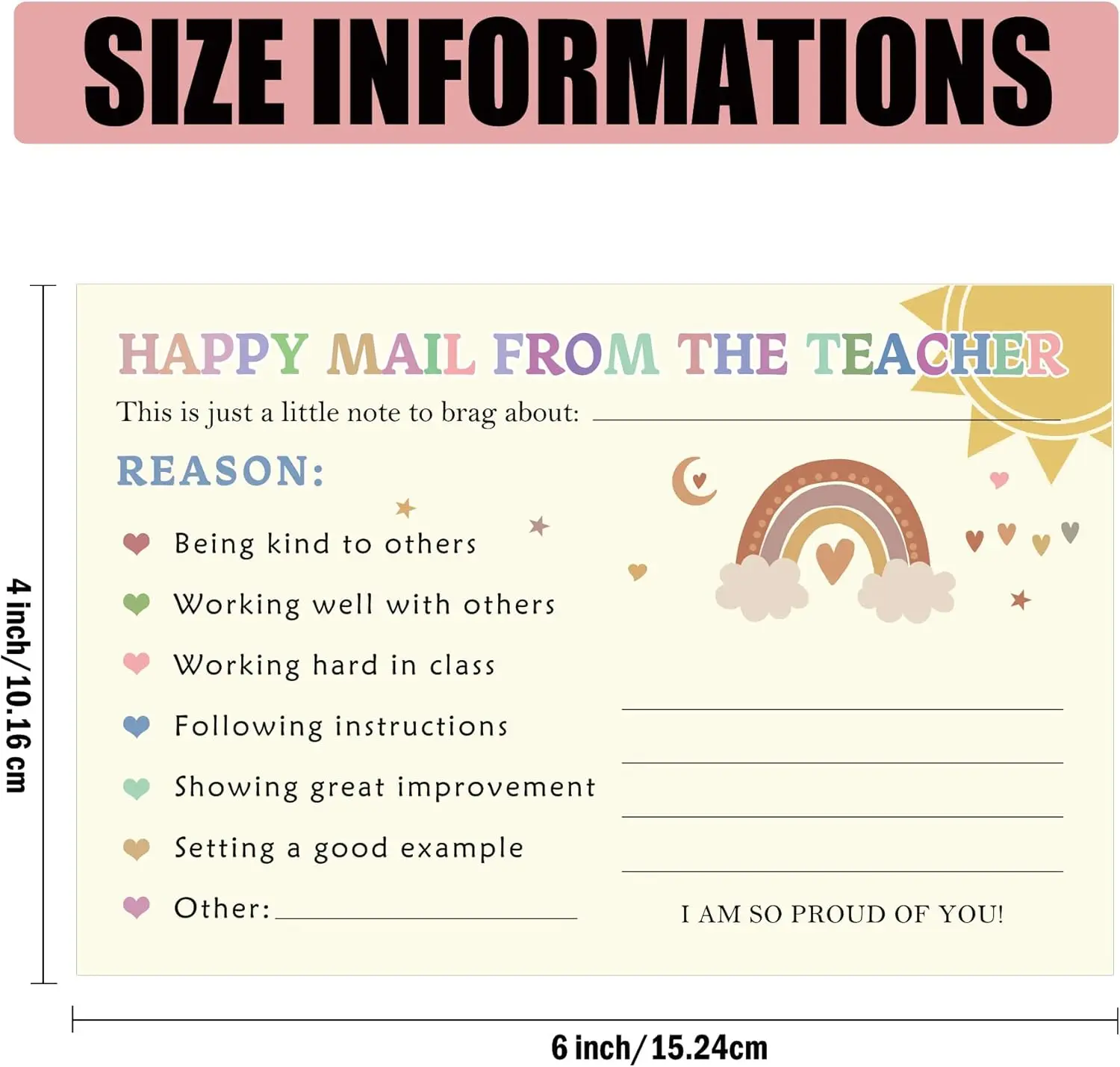 Rainbow Happy Mail Teacher Notes to Parents Classroom Good Behavior Incentive Motivational Cards 50 Pcs Positive Postcards