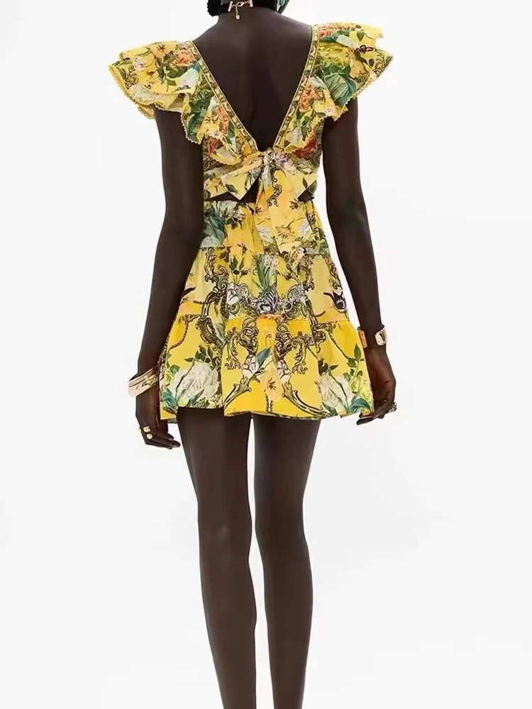 Retro 2024 summer women\'s new V-neck flying sleeve printing holiday wind backless lace-up dress fashion short A-line skirt