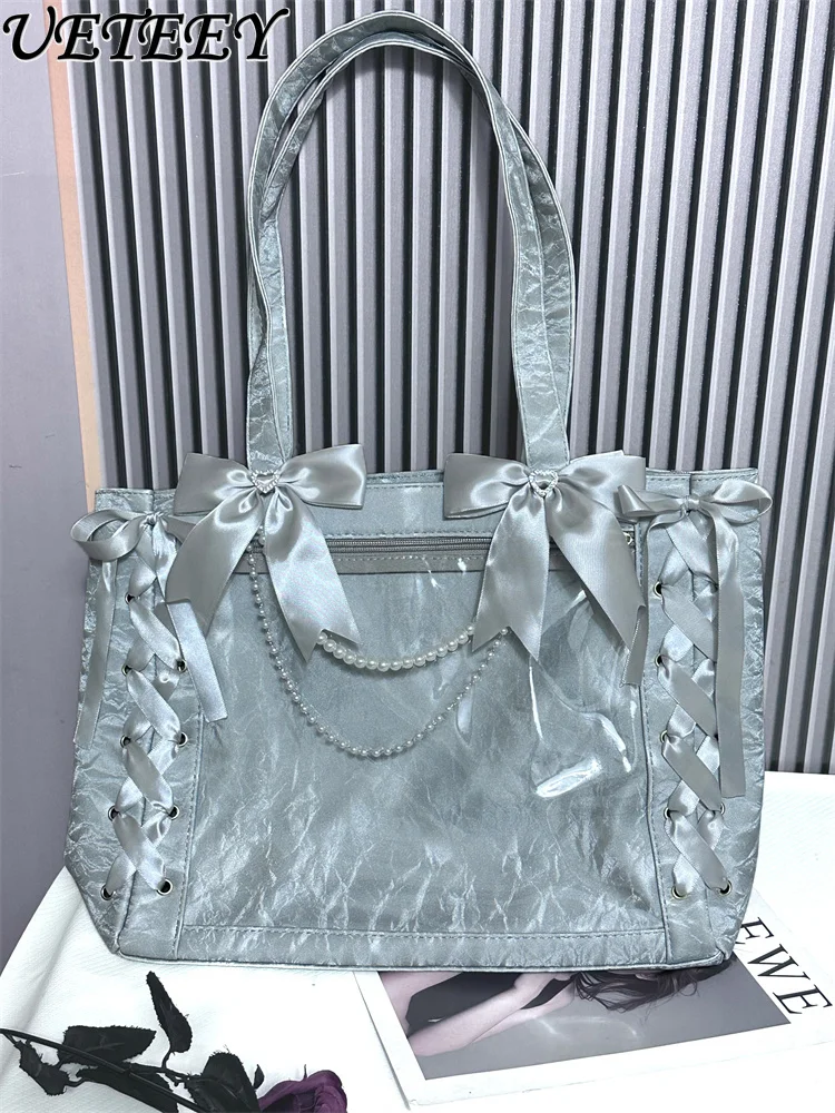 Japanese Style Sweet Girl Versatile Ribbon Bow Cute Handbag Outings Travel Shopping Large Capacity Makeup Bag Shoulder Bags