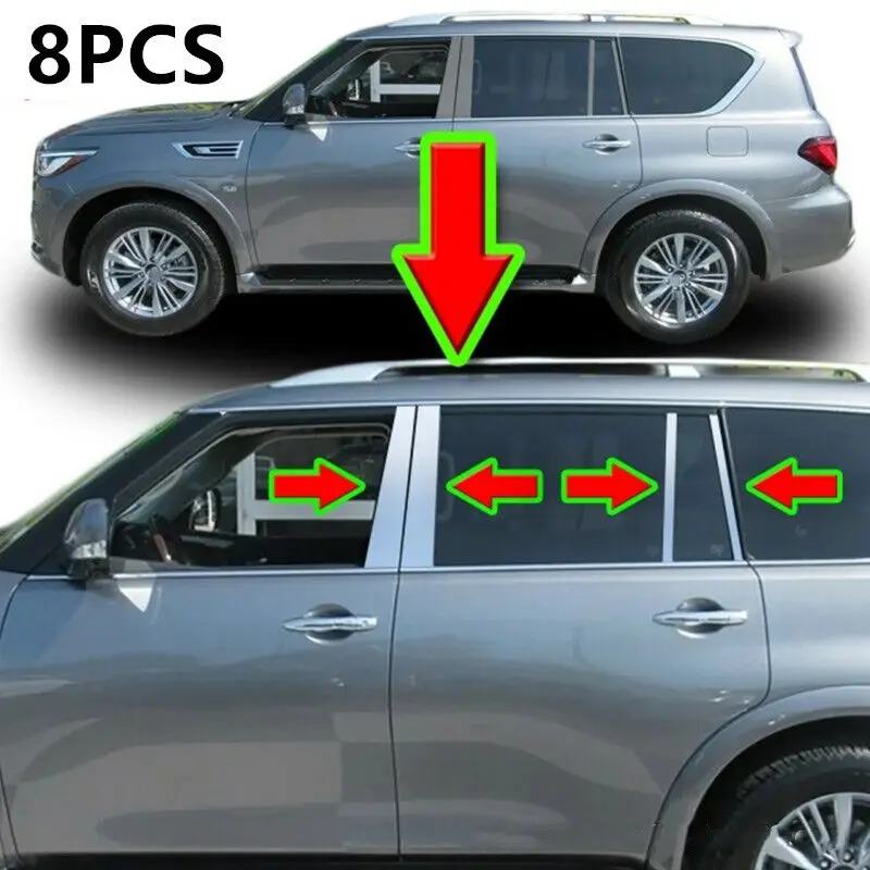 8PCS Chrome Pillar Trim Door Cover Mirrored Post for Infiniti QX56/QX80 11-20