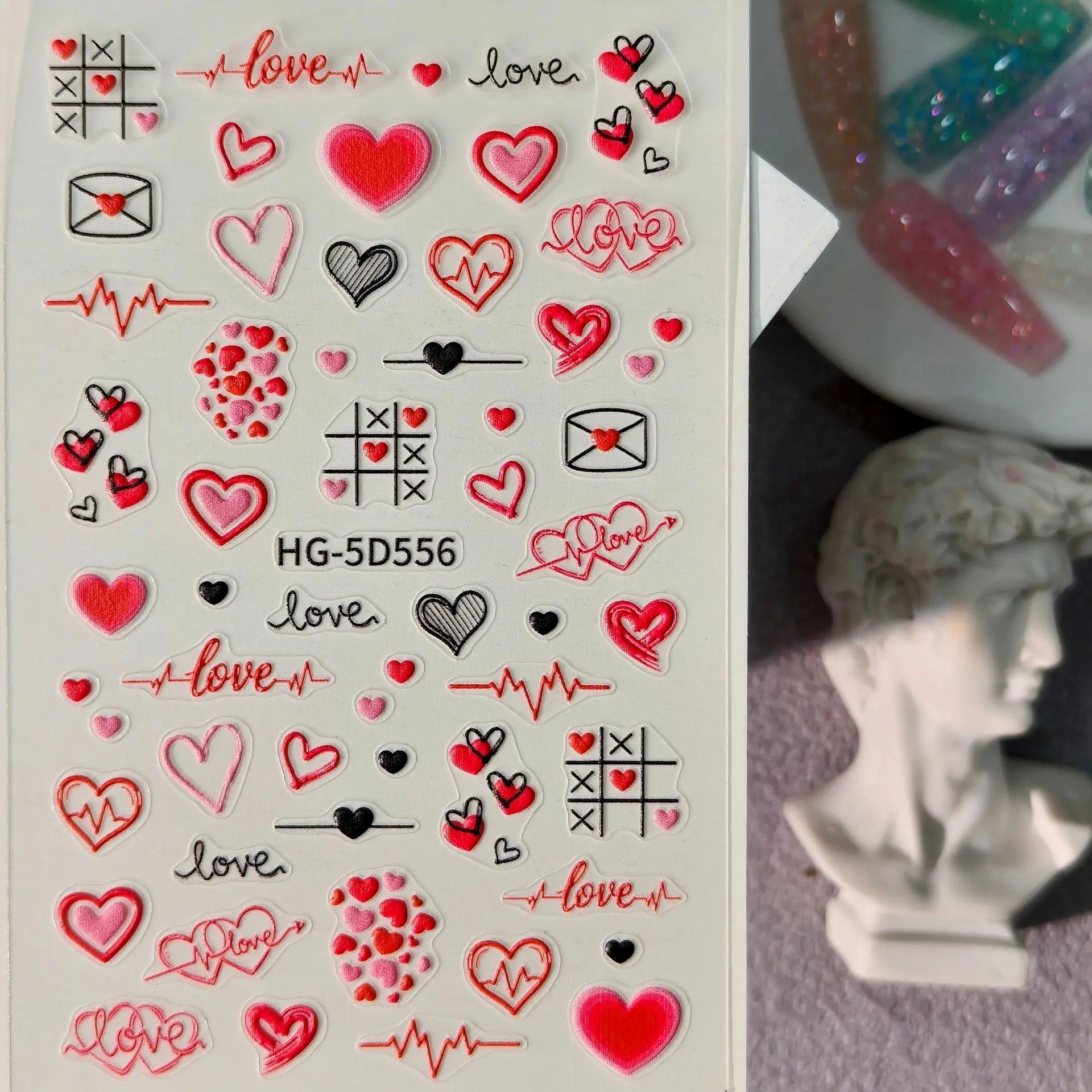 1 Set 5D Embossed Valentine Nail Stickers Romantic Heart Rose Self Adhesive DIY Manicure Decor Ornaments