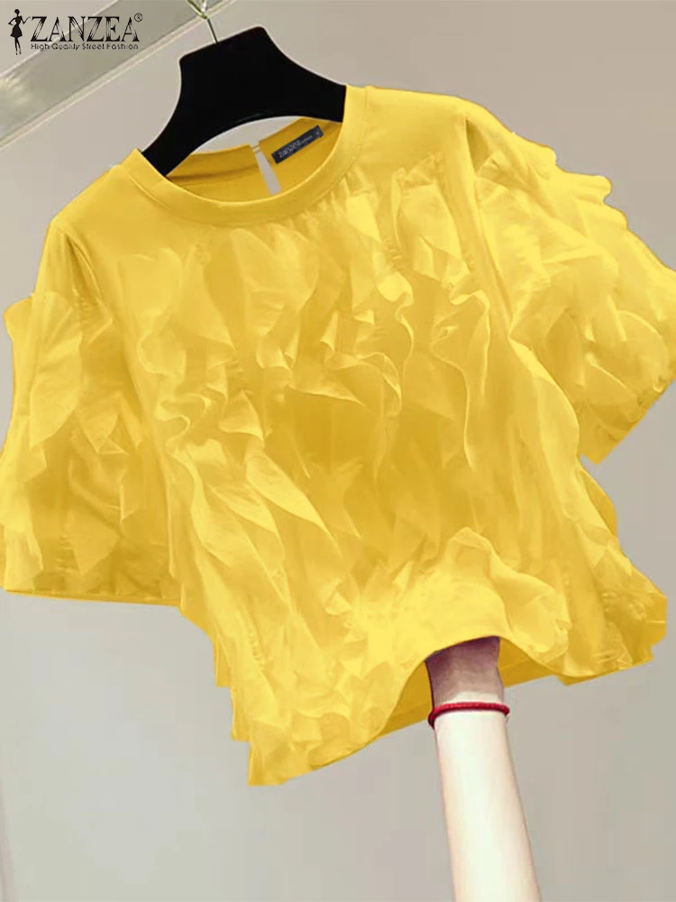 

Летняя рубашка ZANZEA с многоярусными оборками, праздничная Корейская туника с коротким рукавом, винтажные повседневные свободные топы, Женская шикарная Блузка с оборками