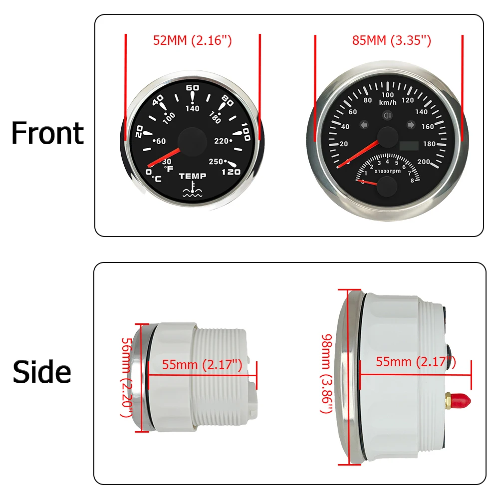 ELING Marine 5 Gauge Set 85mm GPS Speedometer 200km/h with Tachometer + 52mm Water Temp Oil Pressure Fuel Level 8-16V Voltmeter