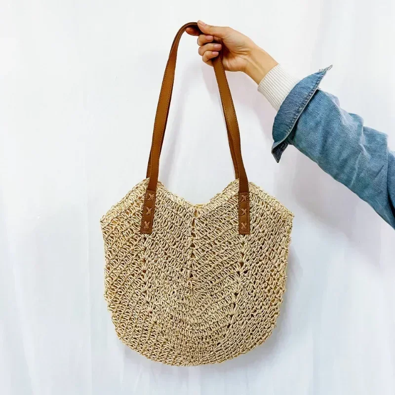 

2025 Summer Women's Straw Raffia Woven Shoulder Bag - Hollow Crochet Boho Beach Tote for Vacation