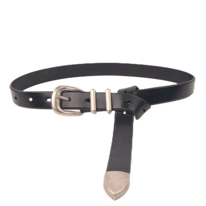 Fashionable Retro Silver Buckle Leather Belt Unisex Premium First Layer Cowhide Leather Belt