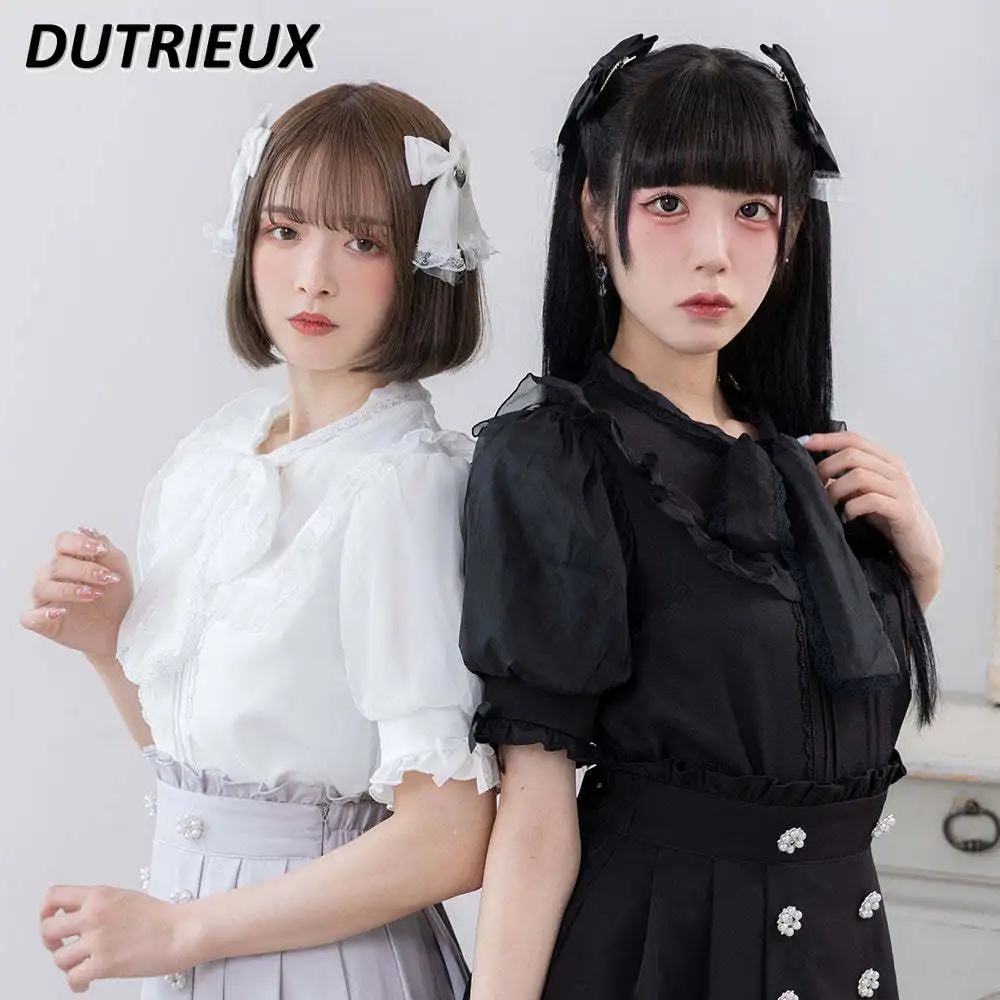 

Summer Blouse Women's 2023 New Japanese Style Short Sleeve Lace-up Bow Shirts Lolita Cute Shirt Slimming Sweet Lady Blusas Tops