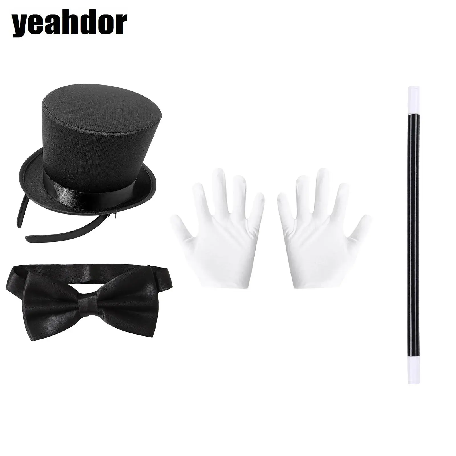 Halloween Magic Cosplay Accessory Hairpin Fasten Hat with Unisex Tassel Epaulets Bow Tie Magic Wand And Gloves for Performance