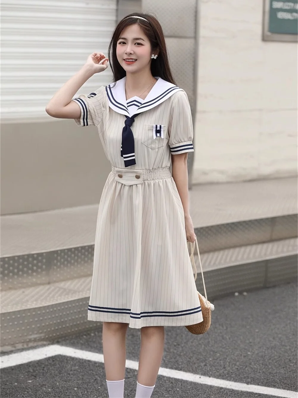 Retro Pasiasta Szkolna Mundurka z Granatowym Kołnierzykiem, Spódnica w Kształcie Litery A, Letnia Moda Dziewczęca, Strój dla Studentek, Japońska Odzież JK