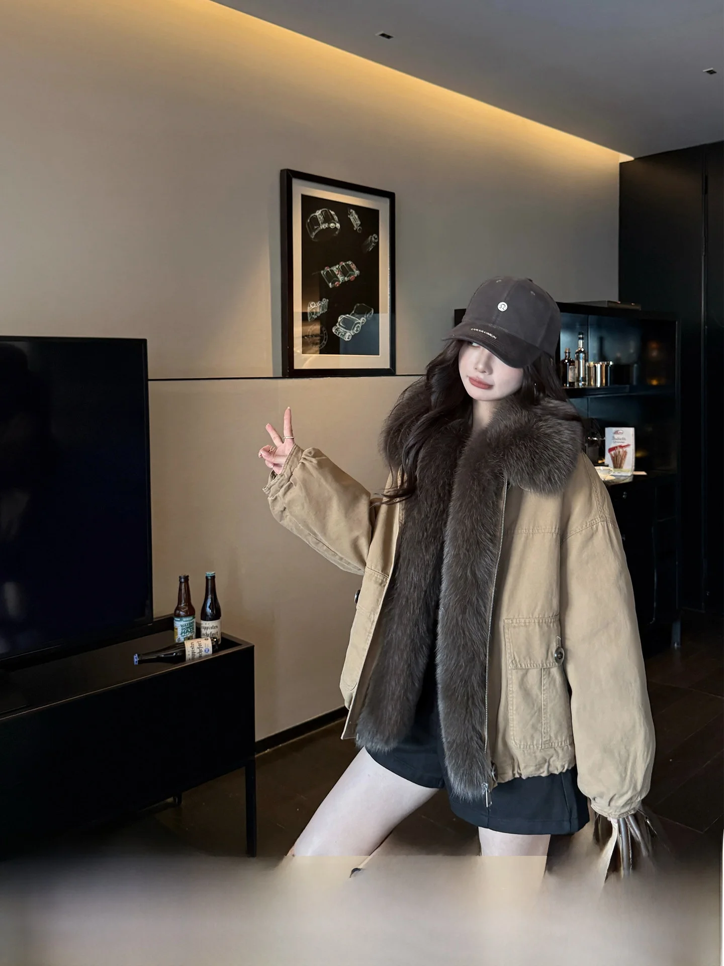 

Mokka Warmth Real Fur Coat Women Goose down Puffer Jaet Winter New Sle Trendy Long Sve Korean Version Thiened