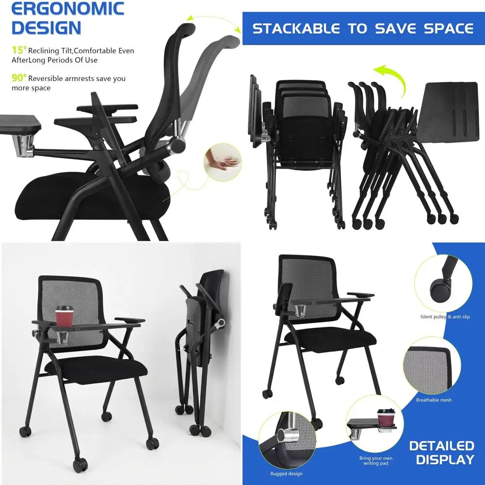Conference Room Chairs with Tablet Arm, Ergonomic Office Desk Chair with Lumbar Support and Adjustable Armrests, Stackable Offic