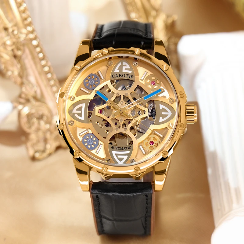 

A Men's Black Leather Strap Trendy Casual Style Clover Bezel Fully Automatic Mechanical Watch