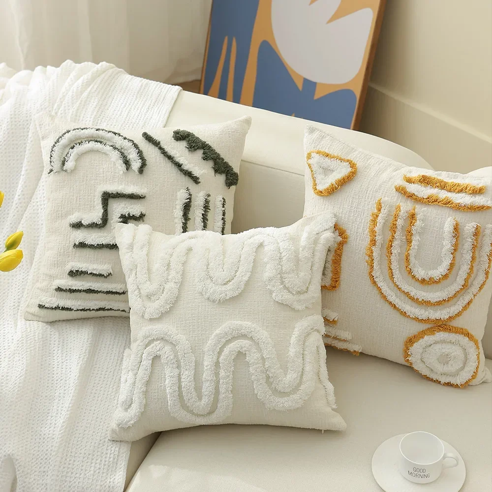 Soft Chenille Cushion Cover 45X45cm Ivory Tufted Abstract Line Art  Home Decoration Pillow Case for Living Room Bedroom Sofa Bed