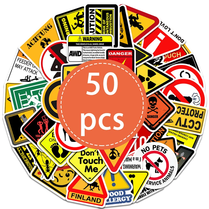 50 Stück lustige Warnschild-Aufkleber, wasserfeste Vinyl-Aufkleber für Laptop, Wasserflasche, Schildaufkleber, Dekorationszubehör, klassisches Spielzeug