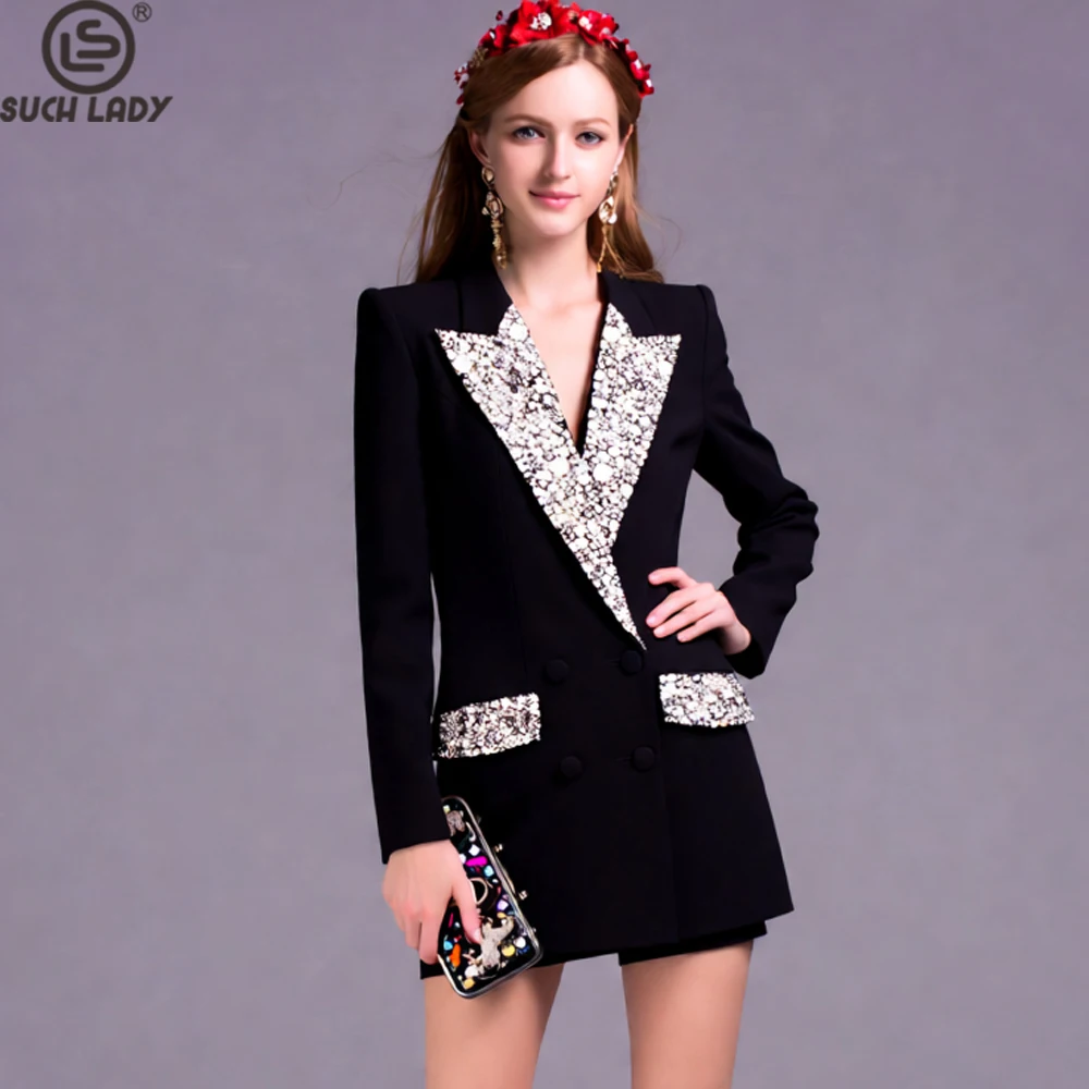 Women's Double Breasted Blazer Long Sleeve Tuxedo Style  with Crystal Embellished Lapel and Pockets, Elegant Office Wear