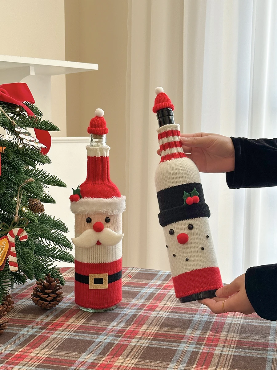 Dekorasi Natal Sarung Botol Anggur Rajut Sarung Botol Sampanye Wol Sarung Botol Anggur Santa Claus Tas Botol Anggur
