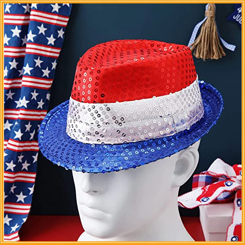 Sequins Bowler Hat Jazz Cap stage performance Performance Cap American Independence Day Flag Colour Blocking Cap Red White Blue