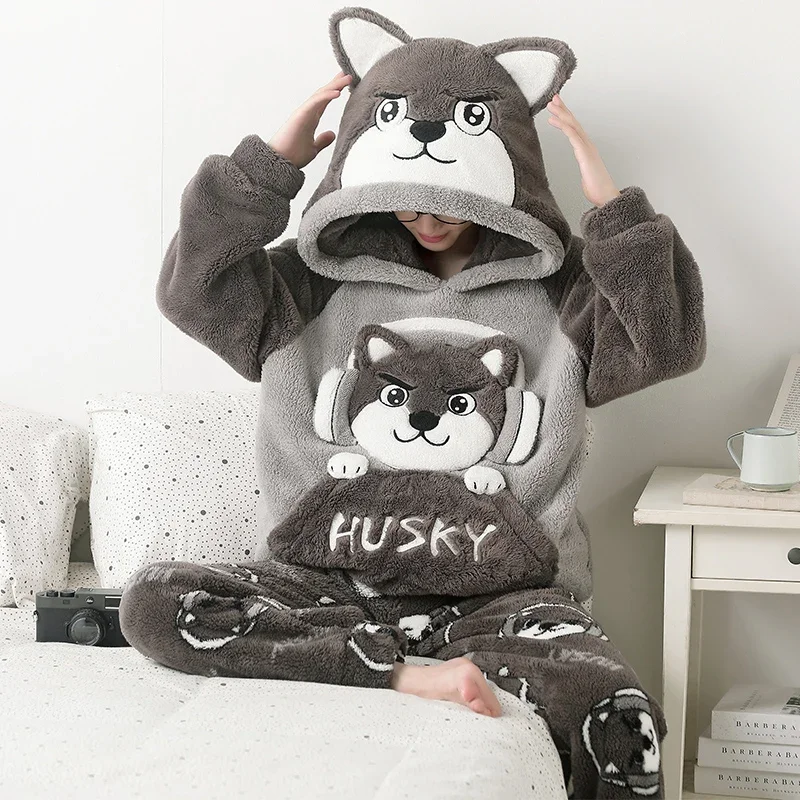 Winter Men Couples Pajama Set Pyjama Hooded Sleepwear Thicken Soft Warm Korean Cartoon Shiba Inu Lovely Unisex Women  Loungewear