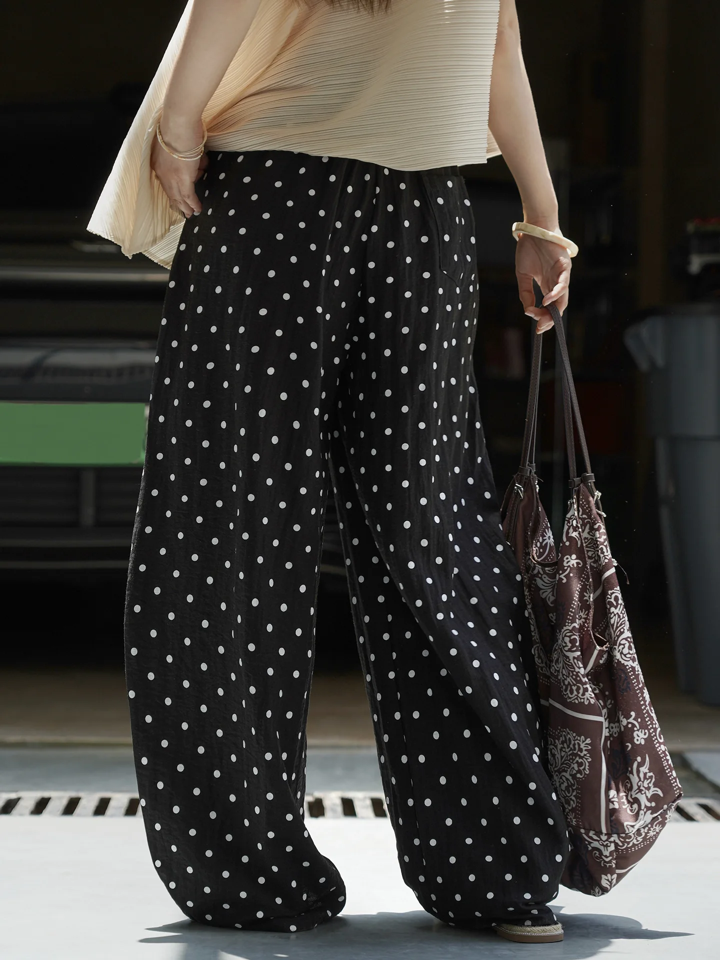 Pantalon d'été décontracté à pois pour femmes, imprimé, taille haute, ample, jambes larges