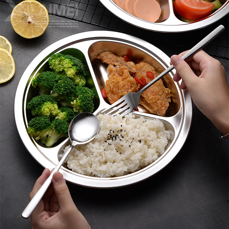 Stainless Steel Round Serving Tray Divided Food Dinner Plates Canteen Lunch Dishes Container Home Dinnerware