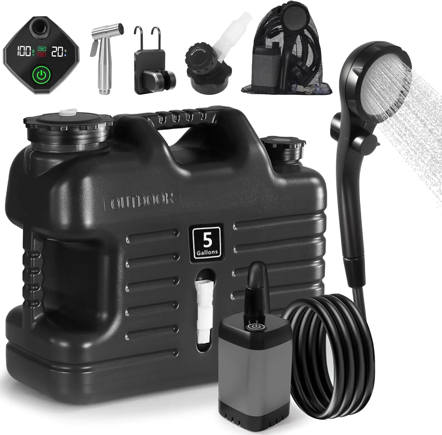 Portable Camping Shower with 5 Gallon Water Jug, 6000mAh Rechargeable Pump, IPX7 Waterproof, BPA Free, Camp Essentials