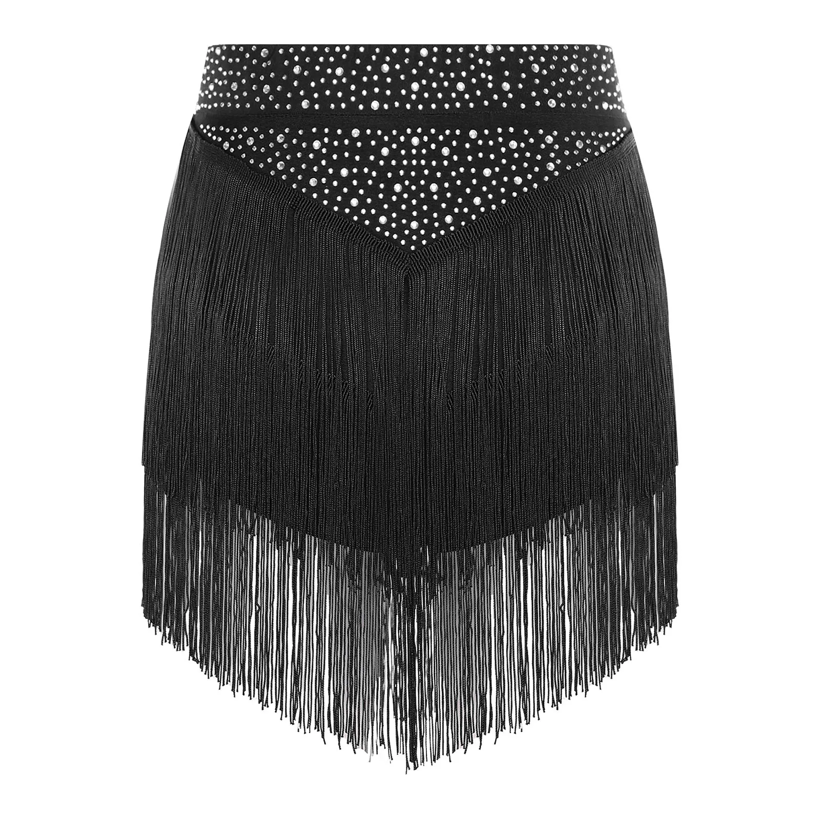 

Women Latin Dance Fringed Skirted Tango Rumba Samba Performance Costume Chacha Dancewear Elastic Waistband Tiered Tassels Skirt